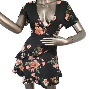 Haute Rogue Black Floral Mini Wrap summer dress 😎 L Petite (Or Sz S/M)